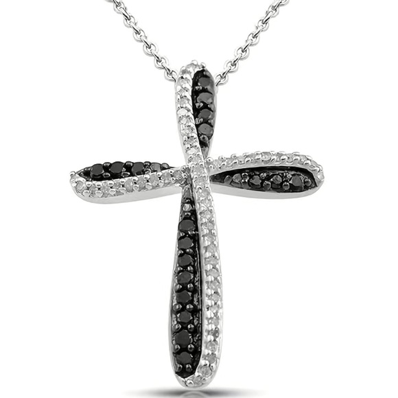 Jewelry - NWT Silver Cross Pendant Necklace Black And White rhinestones